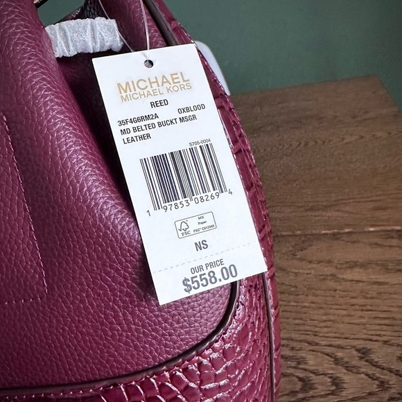 NWT！NEW！Michael Kors Reed Bucket Bag Crocodile Embbossed Leather Belted -Oxblood - Picture 8 of 15